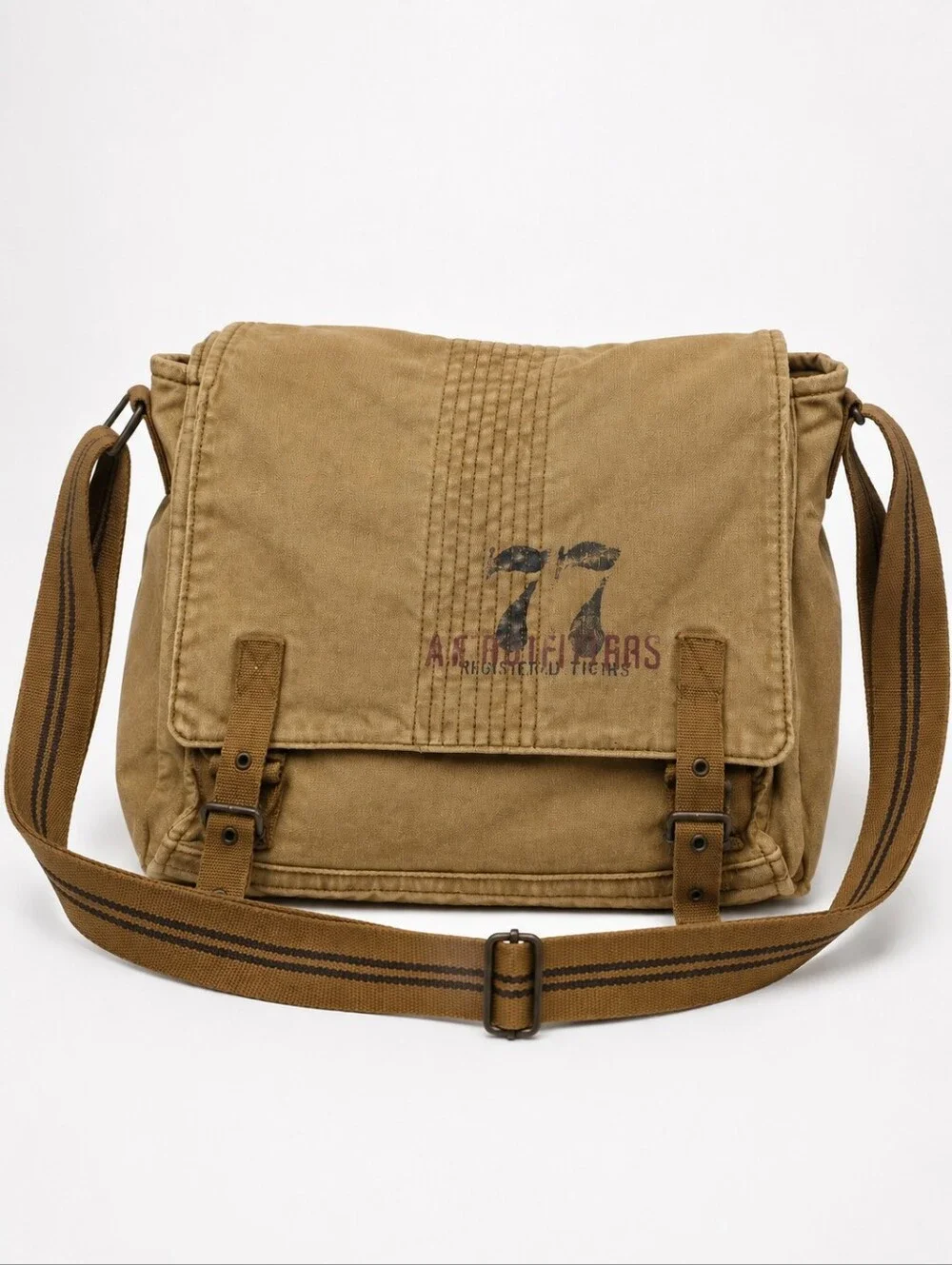 American Eagle Canvas Messenger Crossbody Laptop Utility Bag Khaki Tan